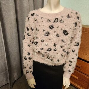 Freshman 1996 Fuzzy Sweater Baby Pink Cheatah Metallic Eyelash Knit Size L